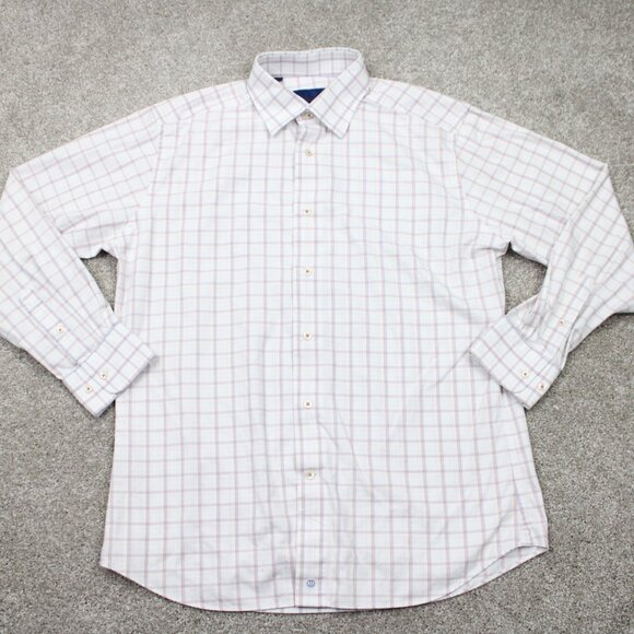 David Donahue Men's Dress Shirt - White with Blue and Red Plaid - Picture 2 of 14